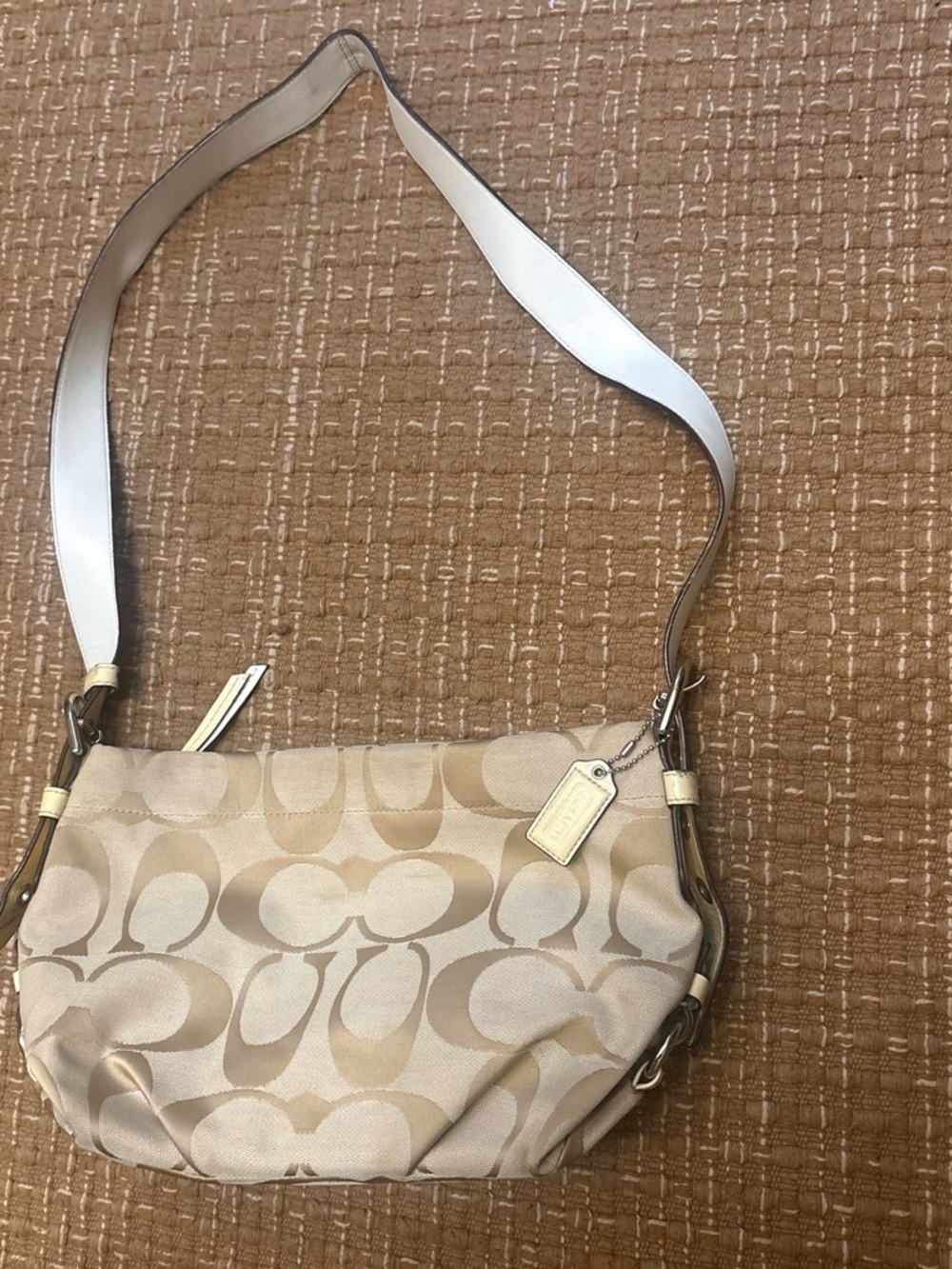 Coach Beige Signature Canvas Shoulder Bag with Cream Strap
